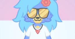 Playful blue character with sunglasses and a flower, showcasing Clinky Blinky Voice's vibrant style and creativity.
