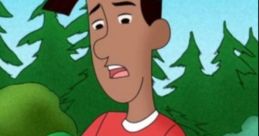 Bill Nenniger from Curious George, wearing a red and white striped shirt, looking concerned in a forest setting.