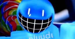 Bluedude character in vibrant blue with a playful smile, promoting engagement with the phrase "tem bluuudi get inn now.