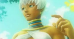 Elena from Street Fighter X Tekken with short white hair, colorful accessories, and a confident pose in a vibrant setting.