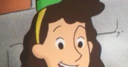 Betsy from Curious George, wearing a party hat and blue shirt, smiles joyfully at a birthday celebration.