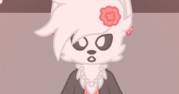 Stylish anthropomorphic character with fluffy white fur, pink floral accessory, and a trendy outfit featuring a jacket and skirt.