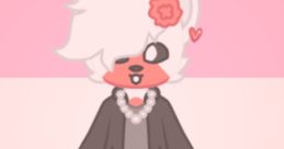 Cute character with fluffy white hair, wearing a gray jacket and pink skirt, set against a colorful background.