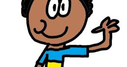 Colorful cartoon character with curly hair, smiling, wearing a striped shirt and green pants, waving cheerfully.