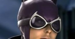 Catwoman in sleek purple costume, showcasing iconic mask and goggles, embodying her fierce, enigmatic persona.