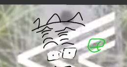 Cartoonish face with glasses and unusual expressions, featuring abstract shapes and colors, inspired by internet culture.