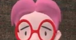 Whimpu from SMG4, featuring pink hair and red glasses, expresses a surprised emotion against a textured background.