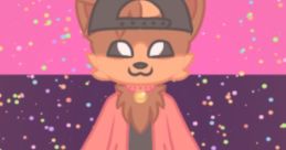 Stylized cartoon wolf character wearing a pink jacket and cap, set against a colorful, sparkly background.