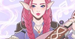 Elven bard with pink hair playing a hurdy-gurdy, surrounded by musical notes, embodying DnD fantasy charm.