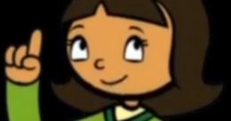 WordGirl character smiling and pointing, showcasing her intelligence and enthusiasm in a vibrant green sweater.
