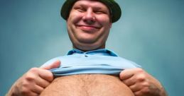 Smiling man in a blue shirt lifts his shirt, showcasing his large belly against a blue background. Lighthearted and fun.