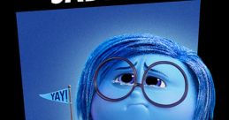Sadness from Inside Out, wearing a white sweater, holding a flag saying "YAY!" with a gloomy expression. Flying in Inside Out 2.