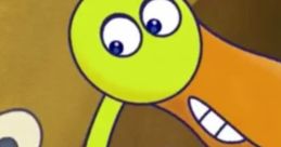 Doris The Duck smiles playfully, showcasing her bright green body and distinctive orange beak in a colorful background.