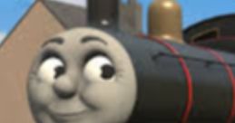 Brandon the black OC engine smiles cheerfully, showcasing his sleek design and vibrant colors against a sunny backdrop.