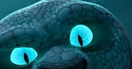 Chameleon Po from Kung Fu Panda 4 showing a playful expression with bright blue eyes and a textured, colorful body.