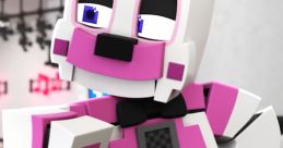 Funtime Freddy poses playfully in a vibrant arcade setting, showcasing his signature pink and white color scheme.