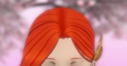 Smiling Jashin-Chan with bright red hair, wearing a school uniform and bow, set against a pink cherry blossom backdrop.
