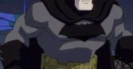 Batman from "The Dark Knight Returns," portrayed by Michael Ironside, stands confidently in a dark, urban setting.