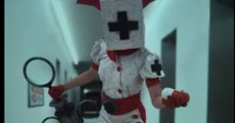 Cosplay of the Reaper Nurse from Dark Deception, showcasing a red and white outfit and a menacing prop in a hallway.
