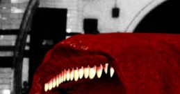 A monstrous train eater with sharp teeth and a vivid red texture lurking in a dimly lit subway station.