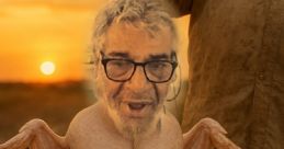 A comical scene featuring a person with a chicken's body, humorously blending culinary themes in a sunset backdrop.