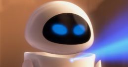 EVE from Wall-E (2008) hovering in a desolate landscape, showcasing her sleek design and blue scanning lights.
