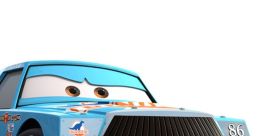 Dinoco Chick Hicks from Cars, featuring a blue race car with a smiling face and distinctive grill design, ready to race.