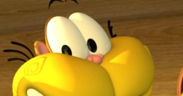 Gaturro, the cheerful cartoon character, poses with a playful expression in a cozy wooden setting.