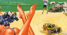 Beach scene with remote control cars racing on sand, vibrant summer vibes, perfect for Dead Track 7 enthusiasts.