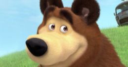 Cheerful cartoon bear with a friendly expression, surrounded by greenery, embodying a playful nature and adventure spirit.