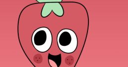 Cheerful character from Sprout Dandy's World, featuring a strawberry design with a scarf against a pink background.