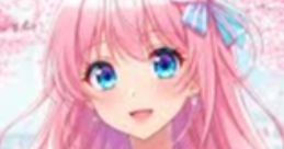 Anime girl with long pink hair and blue eyes, wearing a school uniform against a backdrop of cherry blossoms.