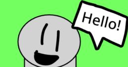 Cheerful character with a gray head and turquoise body saying "Hello!" on a vibrant green background, embodying playful sounds.