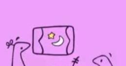 Two cartoon birds watching TV in a cozy, purple room with whimsical decor, reflecting a playful atmosphere.