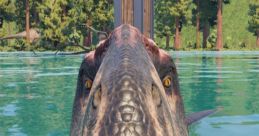 Close-up of a realistic dinosaur head in water, showcasing its texture and fierce eyes, perfect for Dino fans.