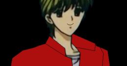 Jacob Grant from "Bruno & Friends" wearing a red shirt, cheerful expression, anime style character design.