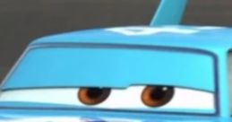 Close-up of Strips Weather King, the blue racing car with iconic design and 43, showcasing his determined expression.
