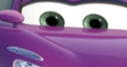 Close-up of Holley Shiftwell, the stylish purple car with green eyes from the "Cars" movie series, showcasing her sleek design.