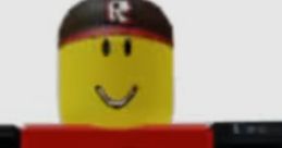 Smiling Roblox character in a red shirt with a glowing explosion graphic, wearing a cap with the letter R.