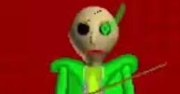 Baldi from Baldi's Basics, with a green outfit and stick, stands against a vibrant red background.