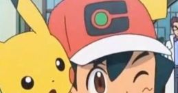 Ash Ketchum winks happily with Pikachu on his shoulder, embodying the spirit of adventure and friendship in Pokémon.