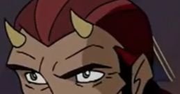 Marsyas character showcasing a mischievous grin, with distinct red hair and horns, embodying a playful persona.