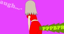 Cartoon character in red outfit humorously reacting to a wet fart, with playful sound effects and vibrant background.