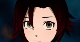 Ruby Rose from RWBY, featuring her signature red scarf and determined expression, set against a mystical background.