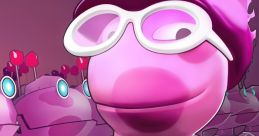 Cheerful pink cartoon character in stylish attire, surrounded by whimsical robots in a vibrant, futuristic setting.