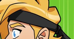 Character profile of a cheerful, blonde individual in a green jacket with a black headband against a vibrant background.