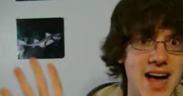 A young person enthusiastically waves, set against a backdrop of ocean-themed artwork, showcasing a lively personality.