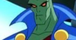 Martian Manhunter in his iconic blue cape and red emblem, showcasing his powerful alien presence and heroic demeanor.