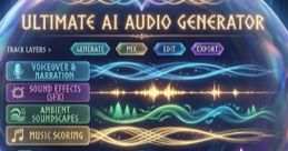 Ultimate AI Audio Generator interface showcasing voiceovers, sound effects, music scoring, and ambient soundscapes.