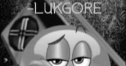 Black and white illustration featuring a cartoon character with a gun, promoting LukGore Roblox audios in a bold design.